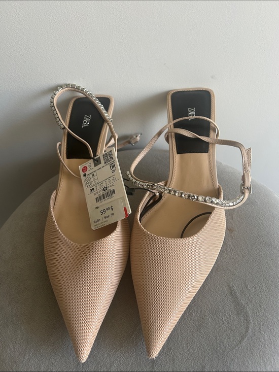 Zara Shoes - Zara Nude Pointed Toe Slingback Heels with Crystal Strap